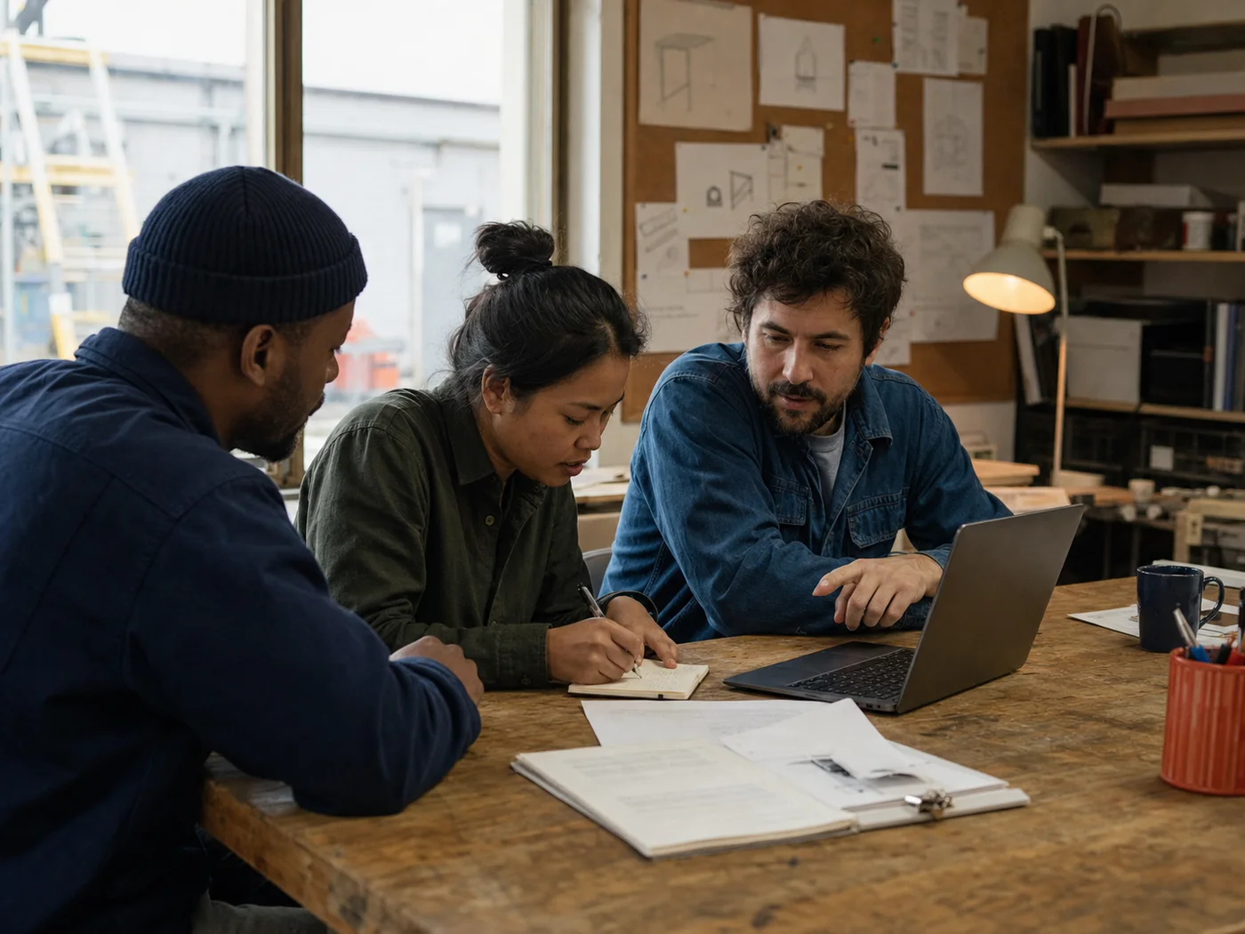 Three colleagues working through documentation together at a project table