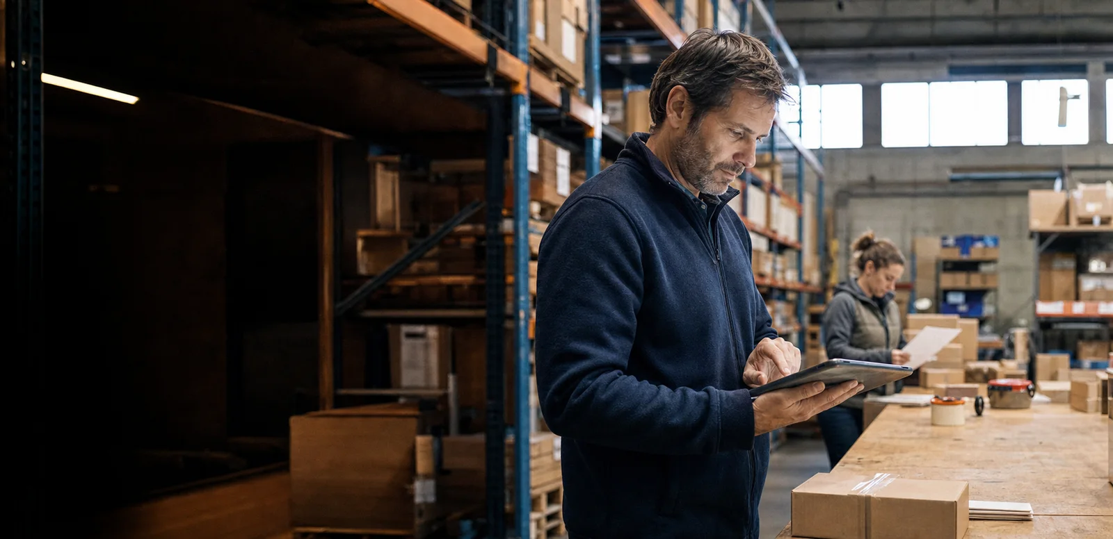 An operations manager reviewing inventory on a warehouse floor