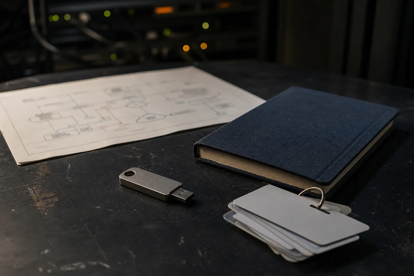 A security review workspace with a hardware key, notebook, badges, and network diagram